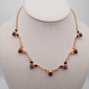 Vintage Monet Gold Tone Necklace w/ Brown & Black Glass Cabochons 17"